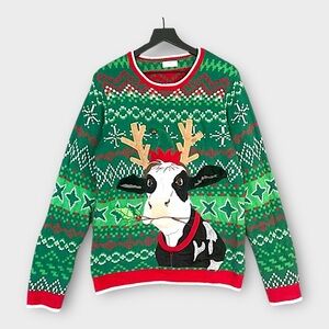Holiday Time Ugly Christmas Sweater Cow Antlers Green Men’s M Festive Knit